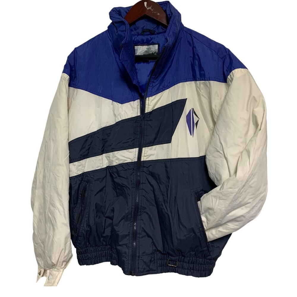 Fieldmaster Men's Vintage Nylon Swishy Blue Color Block Zip Up Coat Size Large